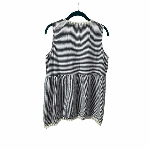 Blush Pom Pom Sleeveless Top Blue White Striped Deep Adjustable V Neck Womens L - Picture 6 of 10